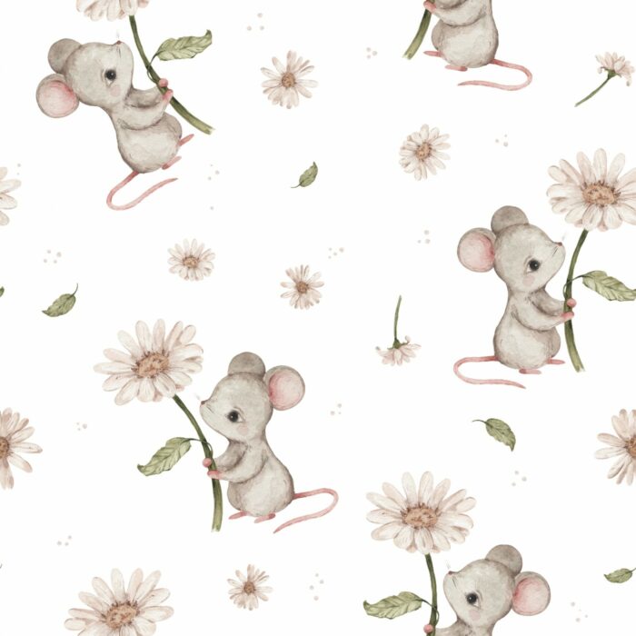 Tissu Imprimé Bébé Souris Marguerite, 9 coloris et 10 tissus au choix