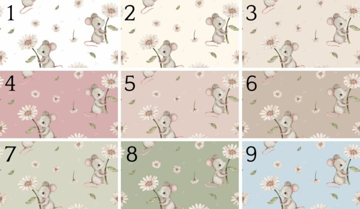 Tissu Imprimé Bébé Souris Marguerite, 9 coloris et 10 tissus au choix – Image 4