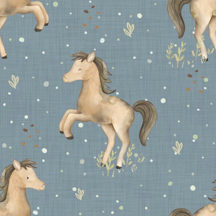Tissu Imprimé Cheval Heureux Bleu, 10 tissus au choix