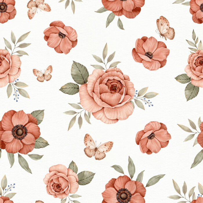 Tissu Imprimé Coquelicots Roses Papillons Grand, 10 tissus au choix