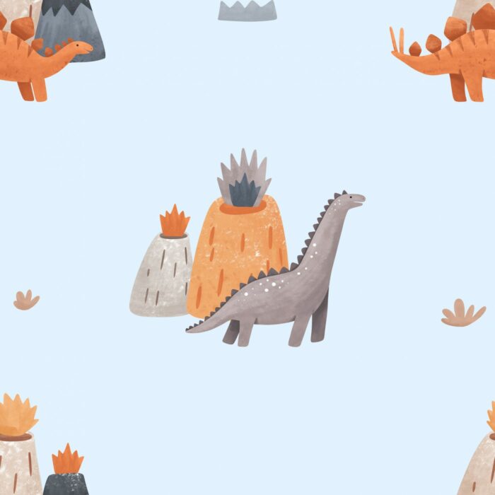 Tissu Imprimé Dinosaure Volcans Bleu, 10 tissus au choix