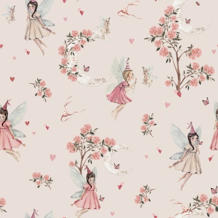 Tissu Imprimé Fées Lune Fleurs Rose Pale, 10 tissus au choix