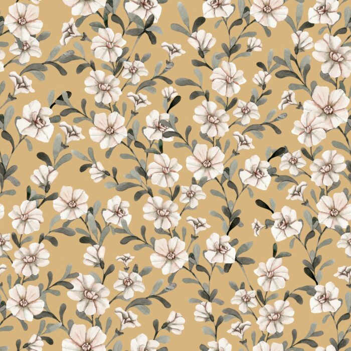 Tissu Fleurs Blanches Vintage Jaune, 10 tissus au choix