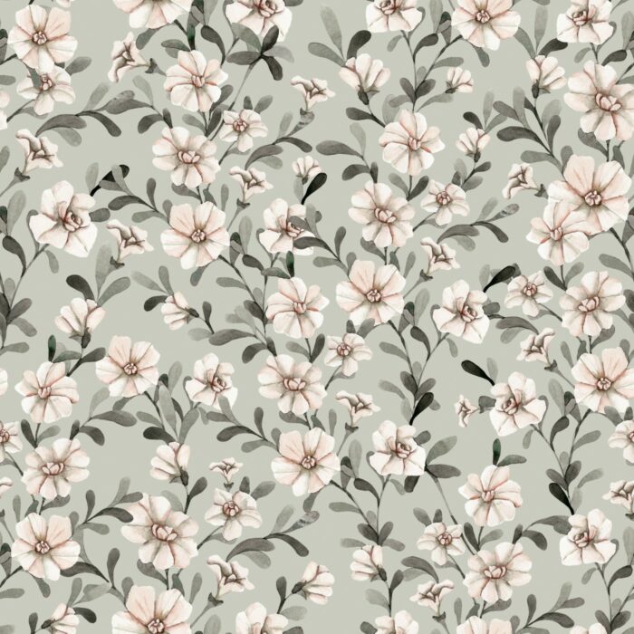 Tissu Fleurs Blanches Vintage Vert, 10 tissus au choix