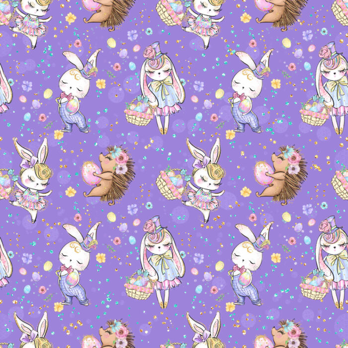 Tissu Imprimé Girly Paques Lapin Hérisson Violet, 10 tissus au choix