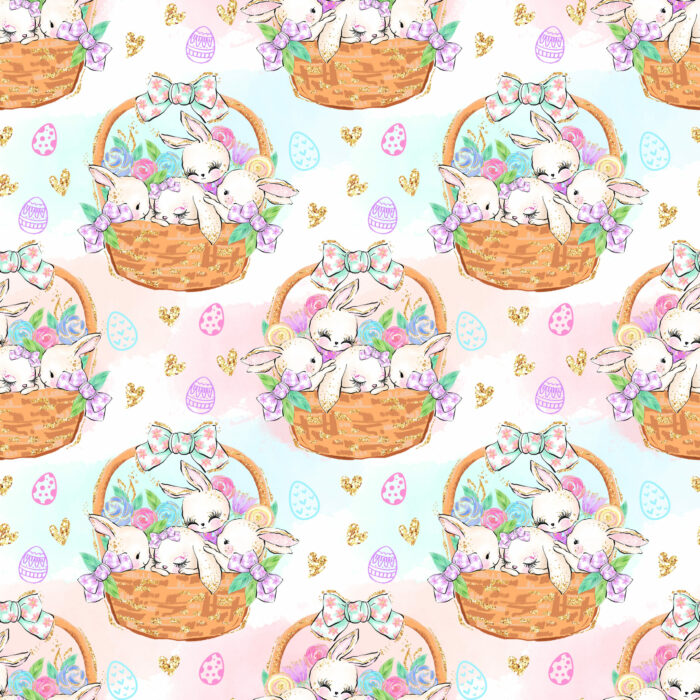 Tissu Imprimé Girly Paques Panier Lapins, 10 tissus au choix