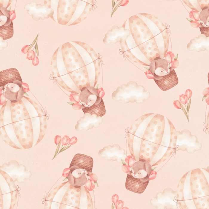 Tissu Imprimé Lapin Ballons Tulipes Rose Grand, 10 tissus au choix