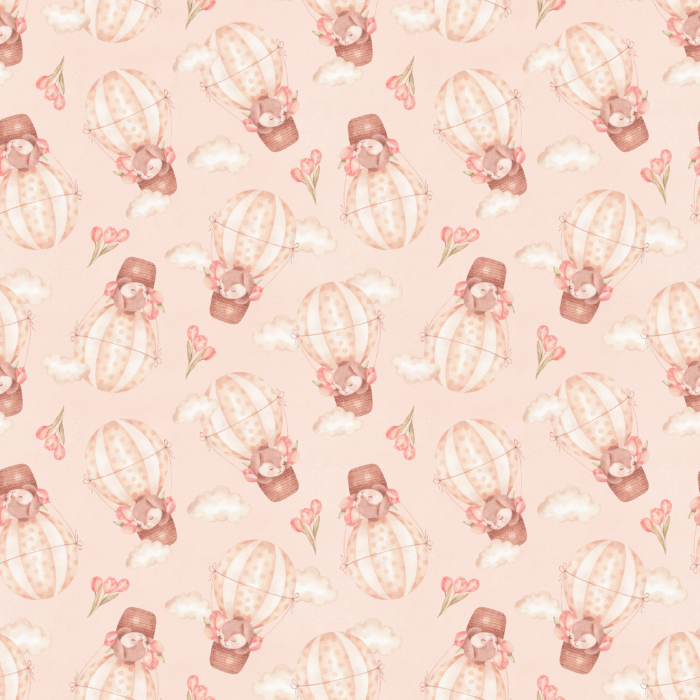 Tissu Imprimé Lapin Ballons Tulipes Rose Petit, 10 tissus au choix