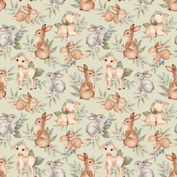 Tissu Imprimé Lapin et Agneau Vert Petit, 10 tissus au choix