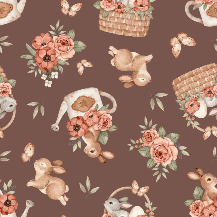 Tissu Imprimé Lapin Paques Fleurs Marron Grand, 10 tissus au choix