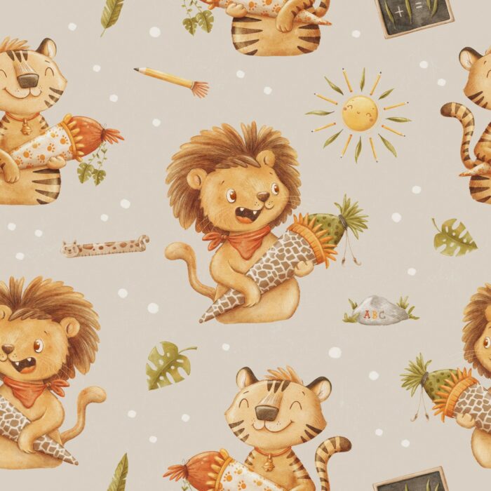 Tissu Imprimé Lion Ecole, 2 coloris et 10 tissus au choix