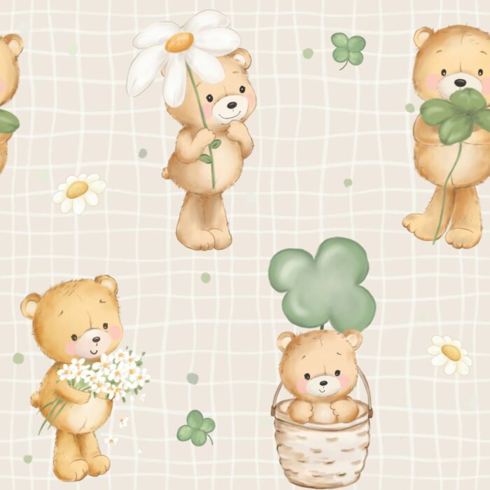 Tissu Imprimé Ourson Fleurs Trèfle, 10 tissus au choix
