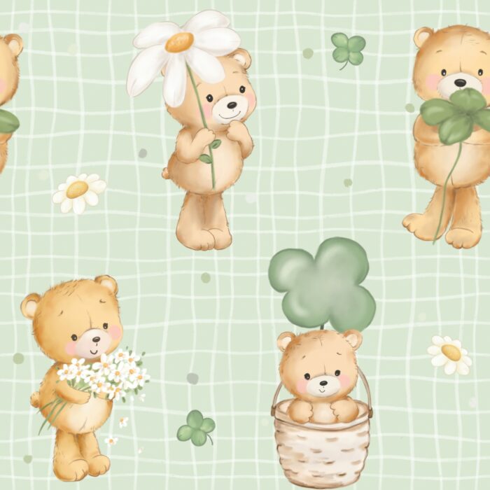 Tissu Imprimé Ourson Fleurs Trèfle Vert, 10 tissus au choix