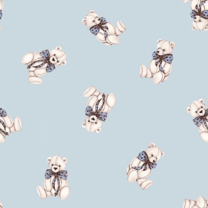 Tissu Imprimé Ourson Noeud Papillon Bleu Ciel, 10 tissus au choix