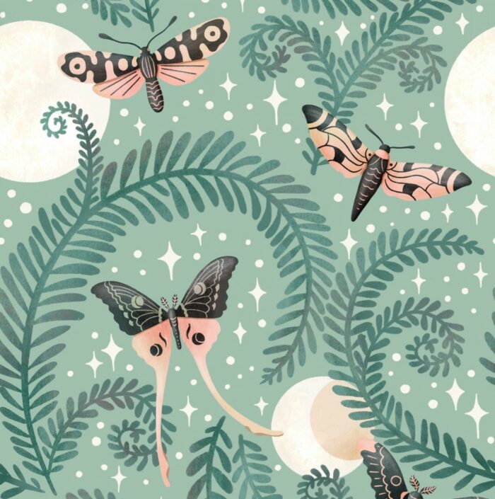 Tissu Imprimé Papillon Nuit Magique Vert, 10 tissus au choix