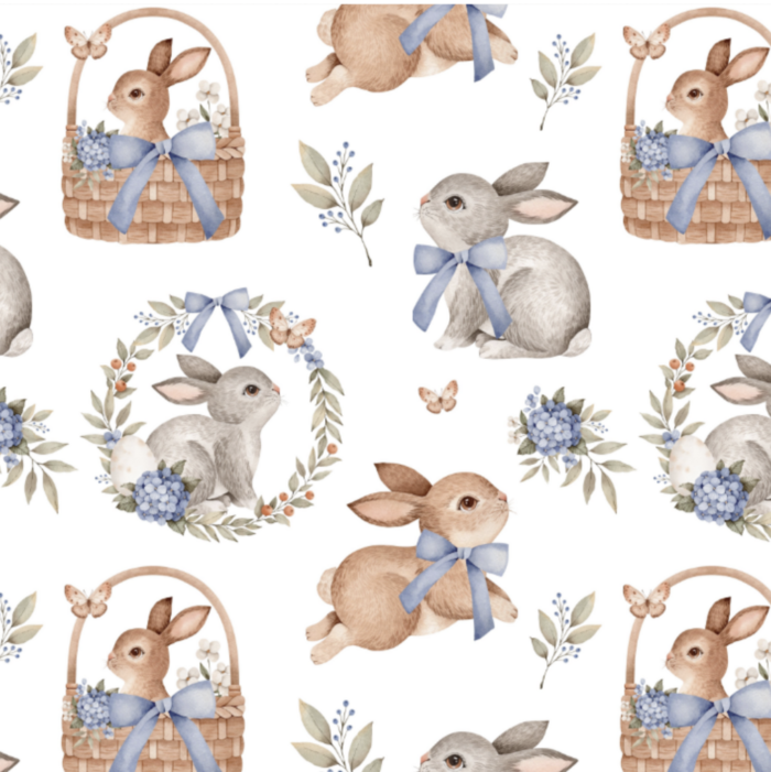Tissu Imprimé Exclusif Paques Lapin Panier Bleu, 10 tissus au choix