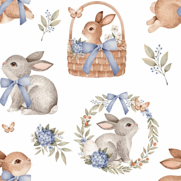 Tissu Imprimé Exclusif Paques Lapin Panier Bleu, 10 tissus au choix – Image 3