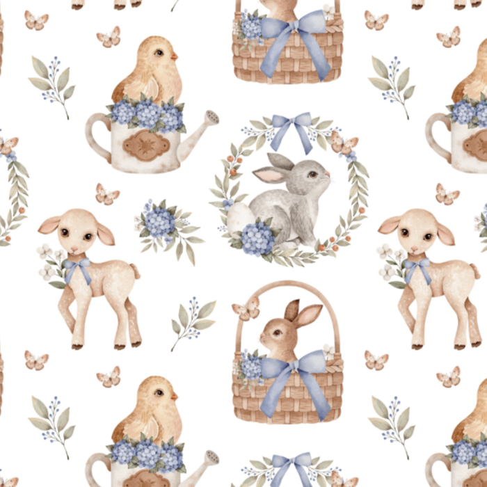 Tissu Imprimé Exclusif Paques Animaux Panier Bleu, 10 tissus au choix
