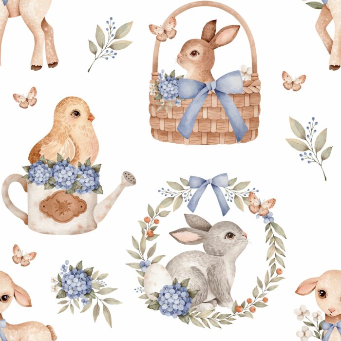 Tissu Imprimé Exclusif Paques Animaux Panier Bleu, 10 tissus au choix – Image 4