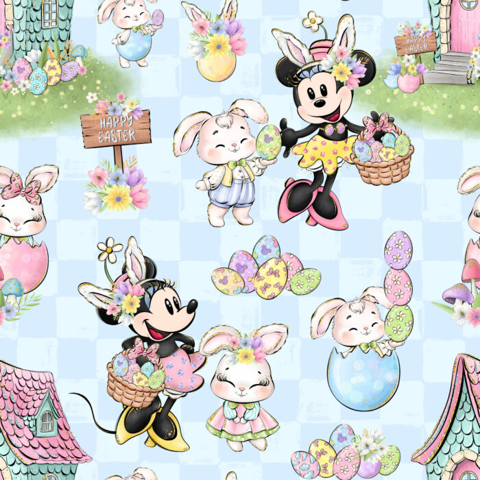 Tissu Imprimé Paques Girly Happy Easter Carreaux Bleu, 10 tissus au choix