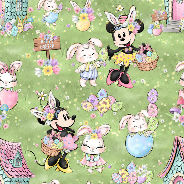 Tissu Imprimé Paques Girly Happy Easter Vert, 10 tissus au choix