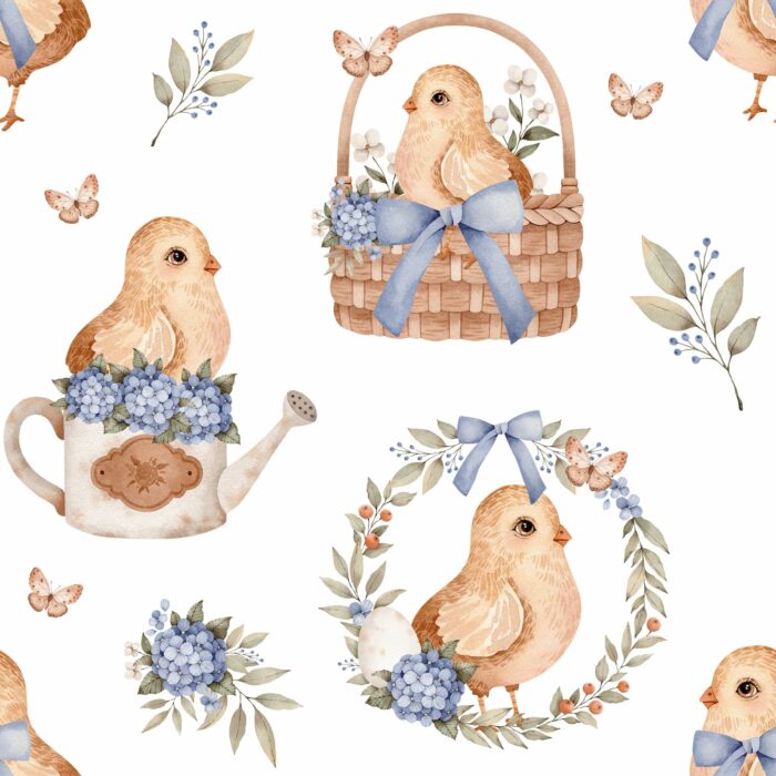 Tissu Imprimé Exclusif Paques Poussin Panier Bleu, 10 tissus au choix