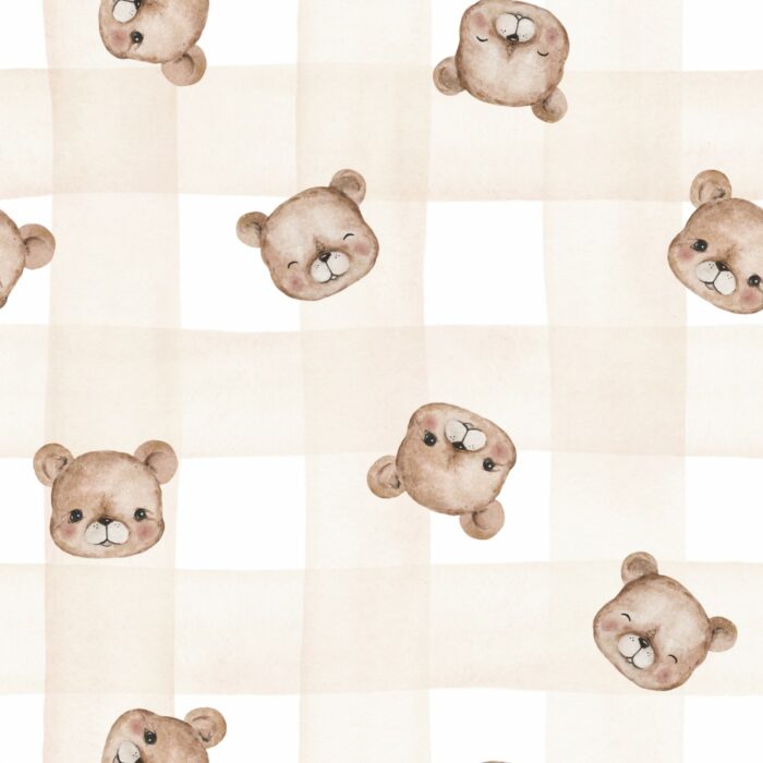 Tissu Imprimé Petit Ourson Adorable Vichy Beige, 10 tissus au choix