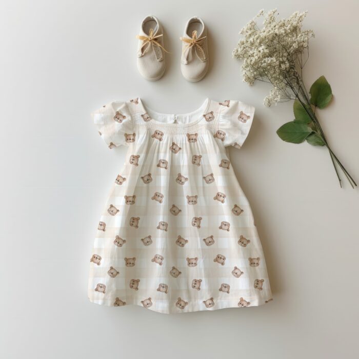 Tissu Imprimé Petit Ourson Adorable Vichy Beige, 10 tissus au choix – Image 4