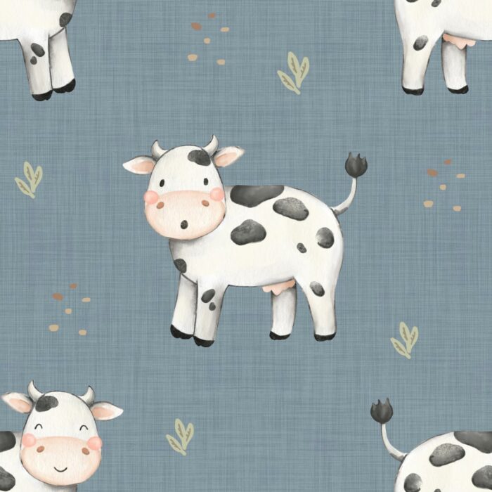 Tissu Imprimé Vache Heureuse Bleu, 10 tissus au choix