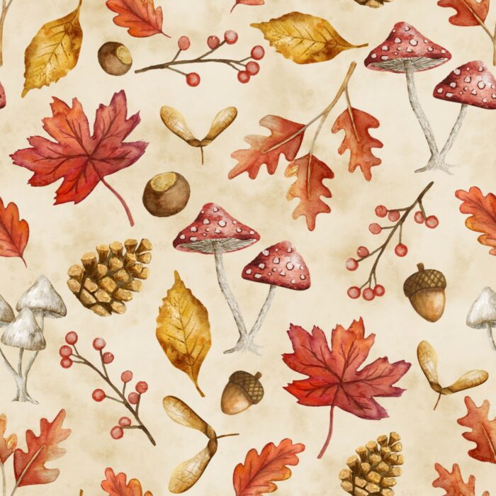 Tissu Imprimé Automne Champignon Foret Beige, 10 tissus au choix