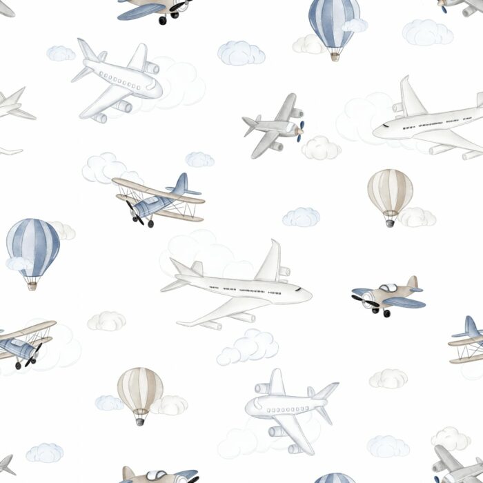 Tissu Imprimé Avions Ballons Blanc, 10 tissus au choix