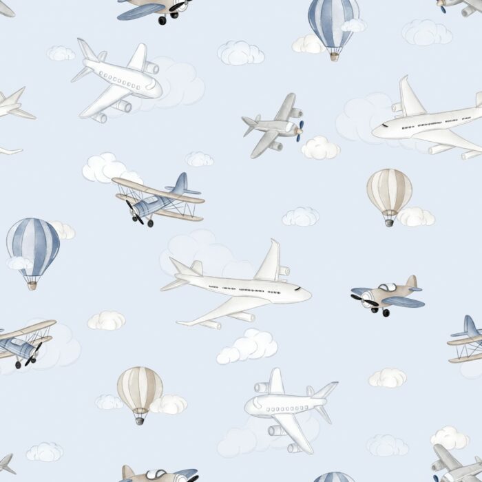 Tissu Imprimé Avions Ballons Bleu, 10 tissus au choix