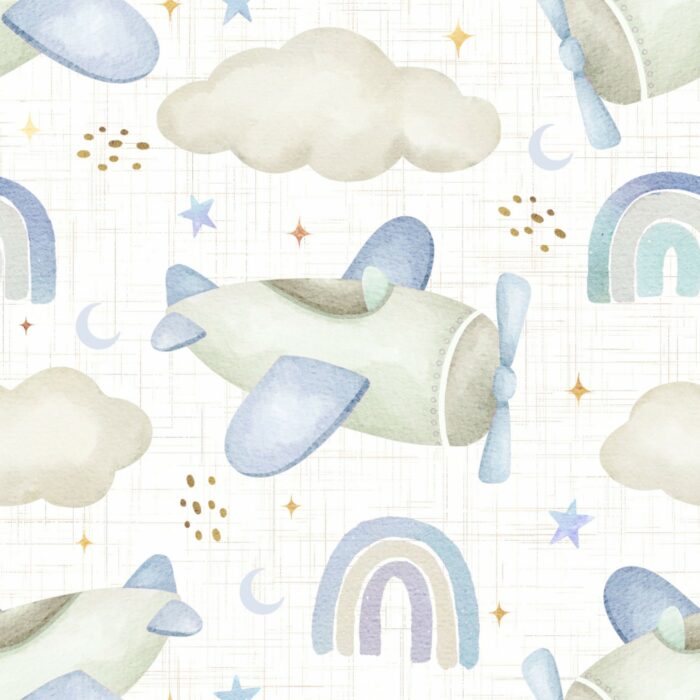 Tissu Imprimé Bébé Avion Arc-en-ciel Blanc, 10 tissus au choix