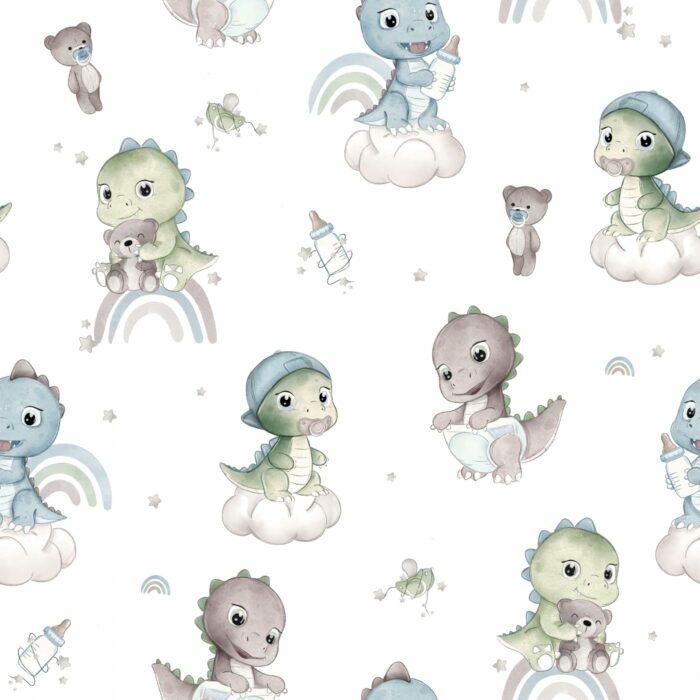 Tissu Imprimé Bébé Dinosaure Arc-en-ciel, 3 coloris et 10 tissus au choix