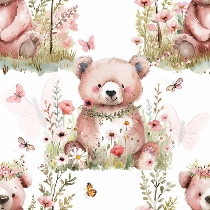Tissu Imprimé Exclusif Bébé Ourson Fleurs Papillons, 10 tissus au choix