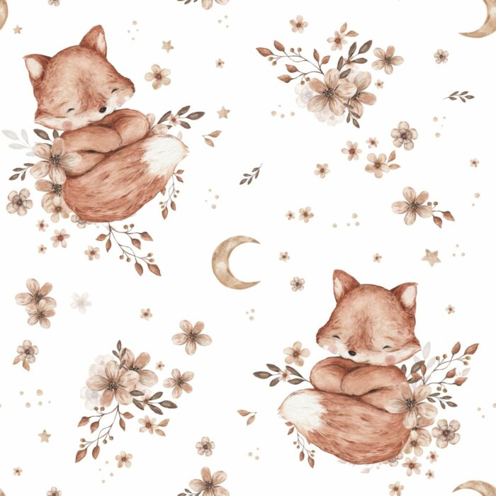 Tissu Imprimé Bébé Renard Lune Fleurie, 2 coloris et 10 tissus au choix
