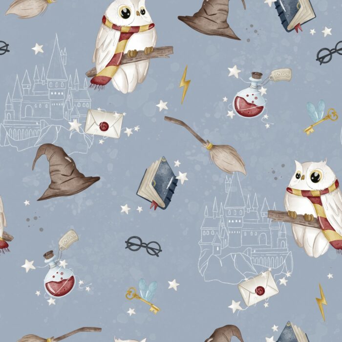 Tissu Imprimé Ecole de Magie Bleu Gris, 10 tissus au choix