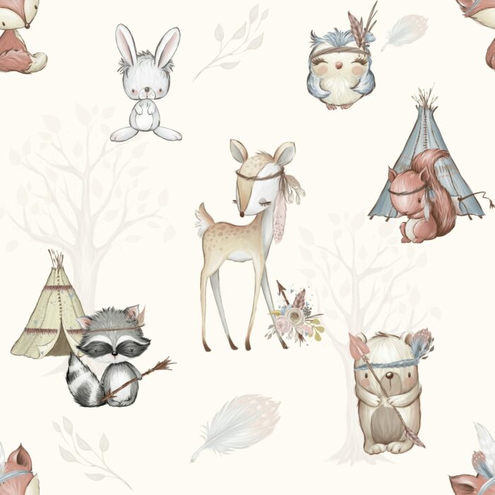 Tissu Imprimé Animaux de la Foret Boho Crème, 10 tissus au choix