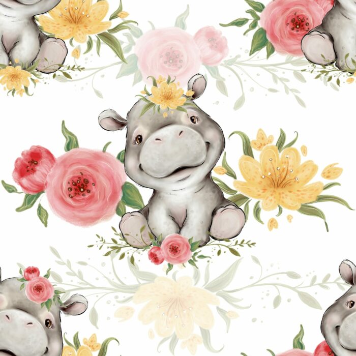 Tissu Exclusif Savane Hippopotame Mignon Fleurs, 10 tissus au choix – Image 3