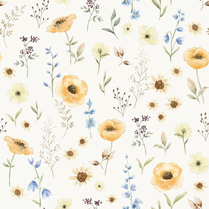 Tissu Fleuri Coquelicots Jaunes Blanc Cassé, 10 tissus au choix