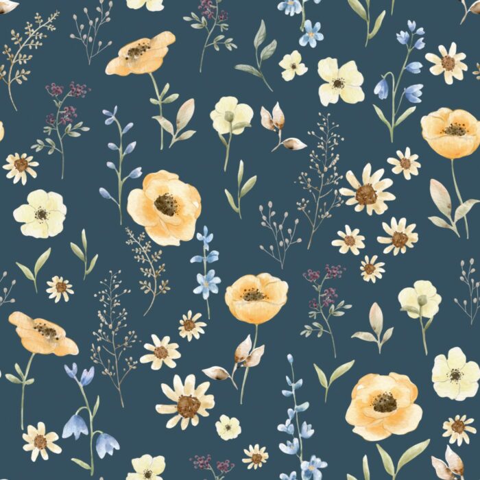 Tissu Fleuri Coquelicots Jaunes Bleu, 10 tissus au choix