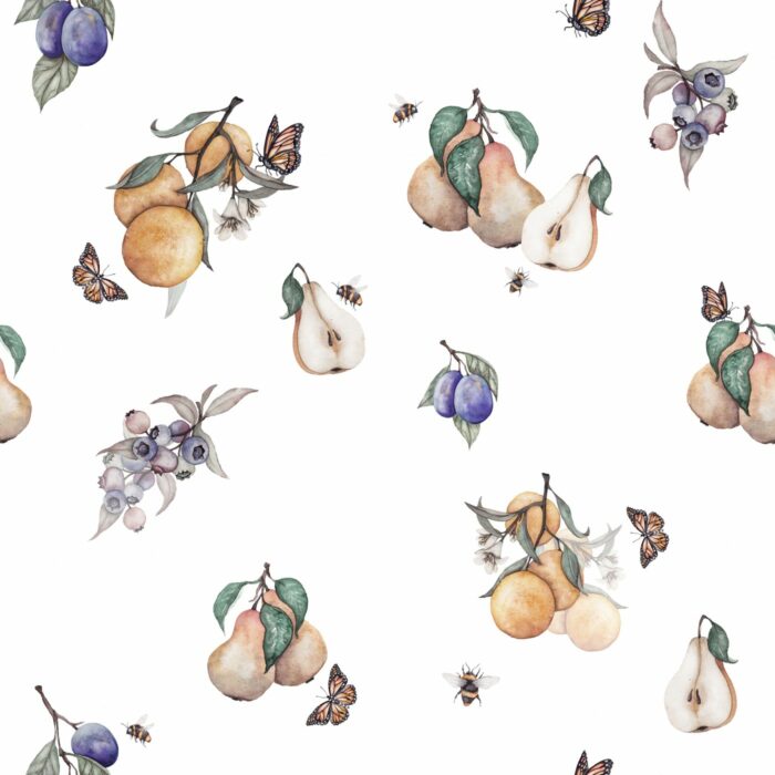 Tissu Imprimé Fruits Papillons Blanc, 10 tissus au choix