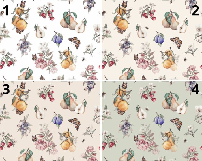 Tissu Imprimé Fruits Papillons Fleurs, 4 coloris et 10 tissus au choix – Image 4