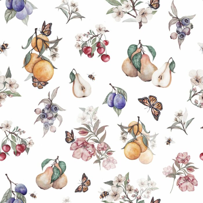 Tissu Imprimé Fruits Papillons Fleurs, 4 coloris et 10 tissus au choix