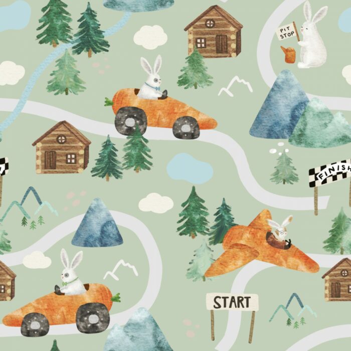Tissu Imprimé Lapin Carotte Voiture, 10 tissus au choix