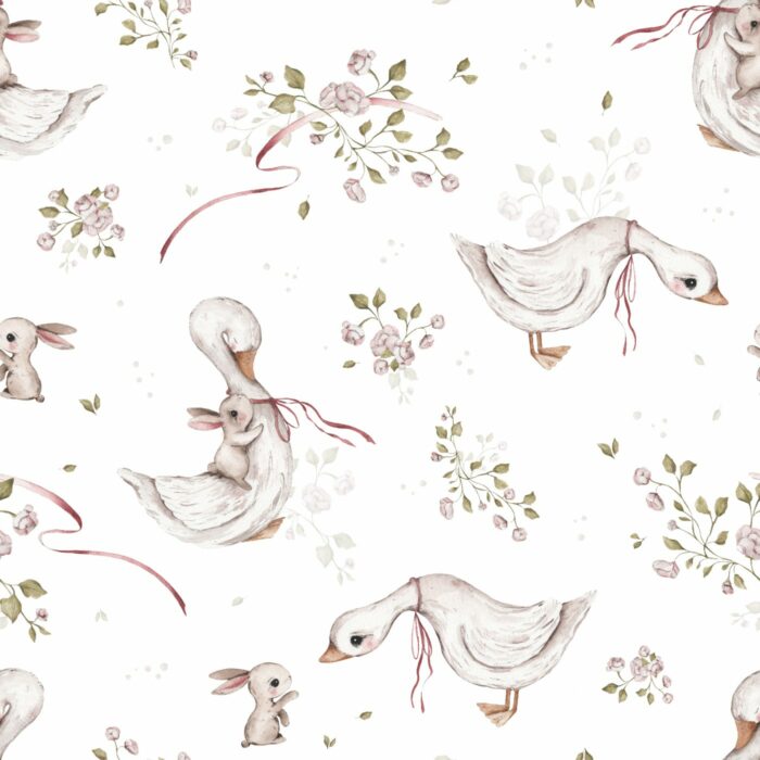 Tissu Imprimé Lapin Oie Fleurs, 6 coloris et 10 tissus au choix