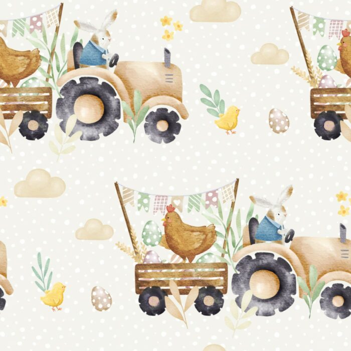 Tissu Imprimé Paques Lapin Tracteur, 10 tissus au choix