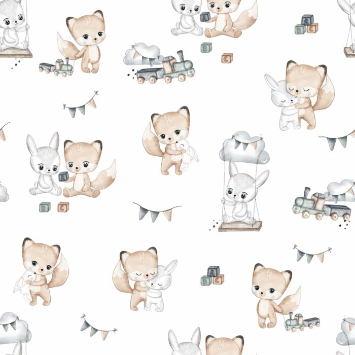 Tissu Imprimé Renard Lapin Amis, 3 coloris et 10 tissus au choix