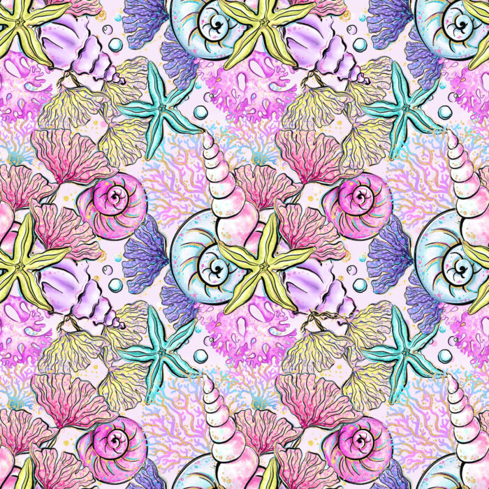 Tissu Imprimé Sirène Licorne Coquillages Rose, 10 tissus au choix