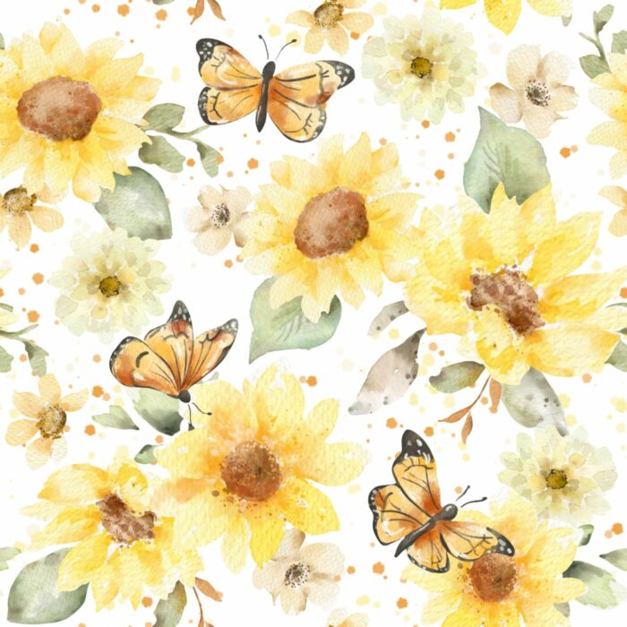 Tissu Imprimé Fleuri Tournesol Aquarelle Papillons Blanc, 10 tissus au choix
